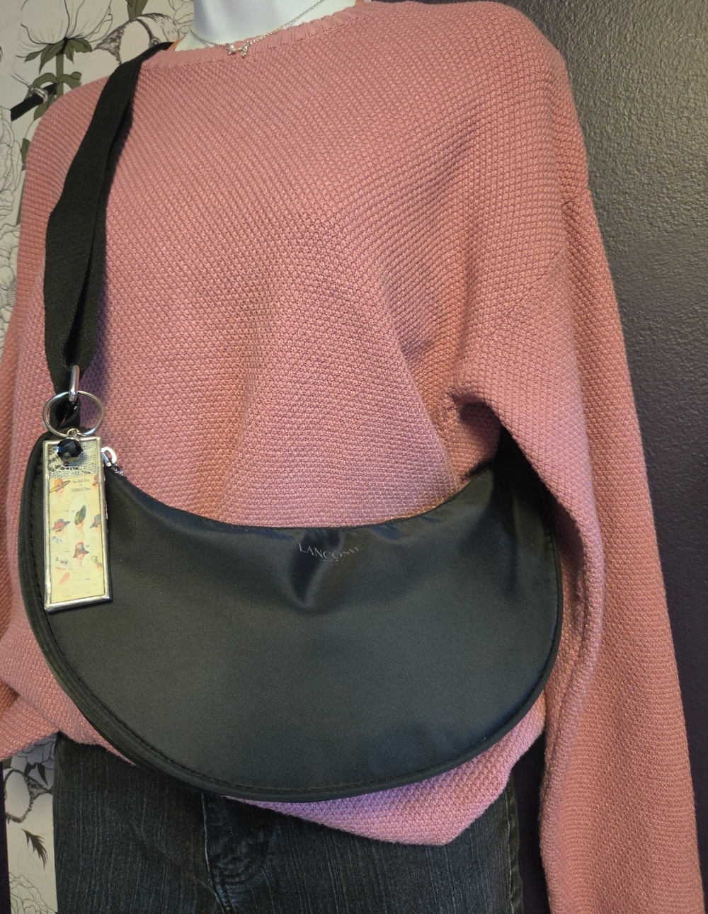 Lancome Black Crescent Shoulder Bag with Glass & Lace Bag Charm Accent